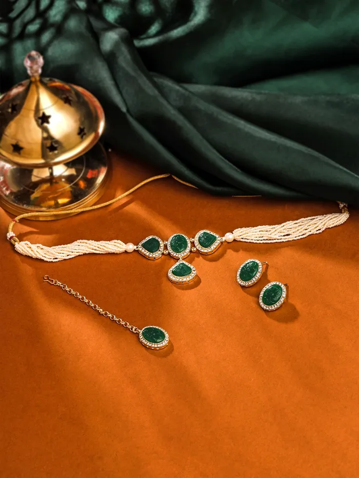 Yellow Chimes Earrings Yellow Chimes Jewellery Set for Women Traditional Green Mothi Beads Choker Necklace Set Ethnic Gold Plated Choker Set for Girls Birthday Gift for Girls Women Anniversary Gift for Wife