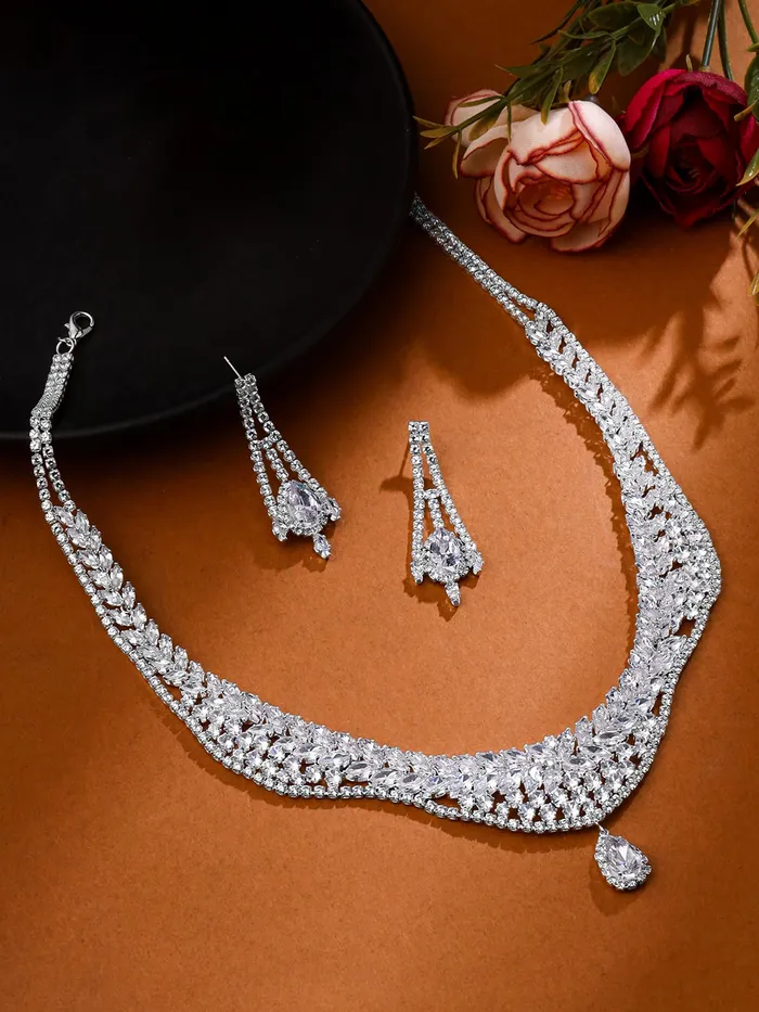 Yellow Chimes Earrings Yellow Chimes Jewellery Set for Women White Stone Necklace Set for Women Cubic Zircon Silver Diamond Jewellery Set Rhodium Plated Necklace Set Birthday Anniversary Gift for Women Wife