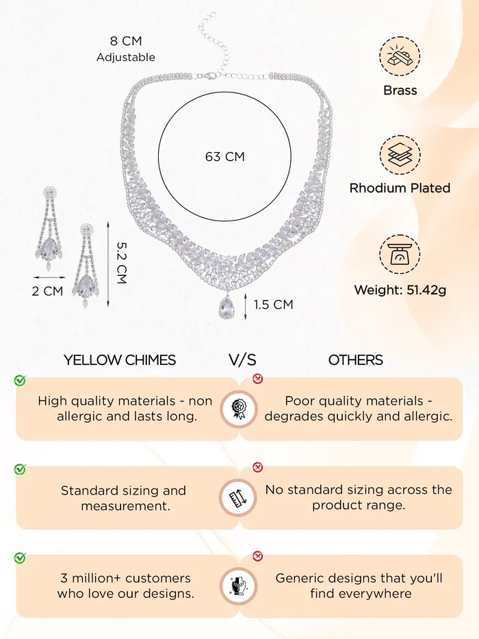 Yellow Chimes Earrings Yellow Chimes Jewellery Set for Women White Stone Necklace Set for Women Cubic Zircon Silver Diamond Jewellery Set Rhodium Plated Necklace Set Birthday Anniversary Gift for Women Wife
