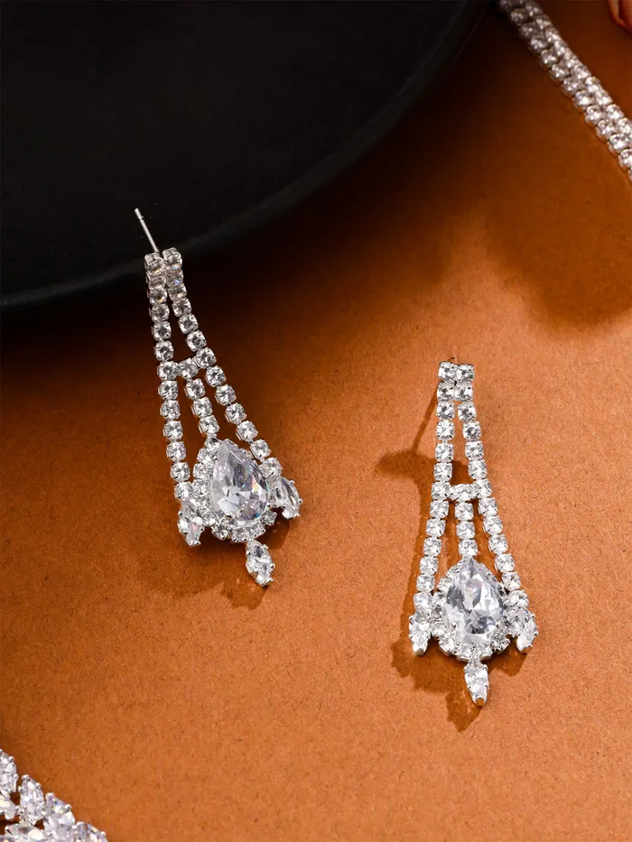 Yellow Chimes Earrings Yellow Chimes Jewellery Set for Women White Stone Necklace Set for Women Cubic Zircon Silver Diamond Jewellery Set Rhodium Plated Necklace Set Birthday Anniversary Gift for Women Wife