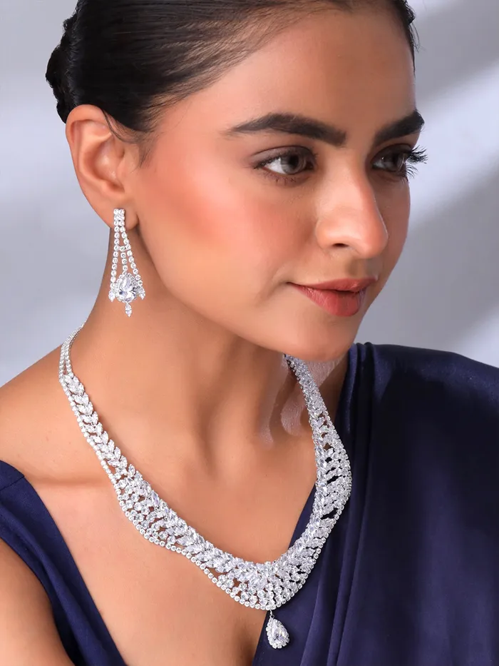 Yellow Chimes Earrings Yellow Chimes Jewellery Set for Women White Stone Necklace Set for Women Cubic Zircon Silver Diamond Jewellery Set Rhodium Plated Necklace Set Birthday Anniversary Gift for Women Wife