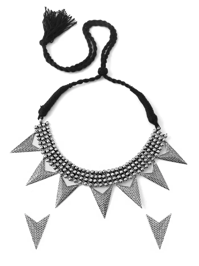 Yellow Chimes Earrings Yellow Chimes Oxidised jewellary set for girls and women SilverPlated Necklace Set Geometric Triangular Design Modern Choker Necklace Set For Women Girls
