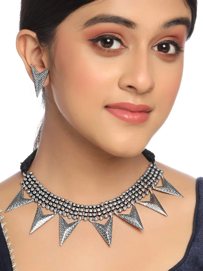 Yellow Chimes Earrings Yellow Chimes Oxidised jewellary set for girls and women SilverPlated Necklace Set Geometric Triangular Design Modern Choker Necklace Set For Women Girls