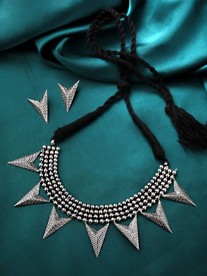 Yellow Chimes Earrings Yellow Chimes Oxidised jewellary set for girls and women SilverPlated Necklace Set Geometric Triangular Design Modern Choker Necklace Set For Women Girls