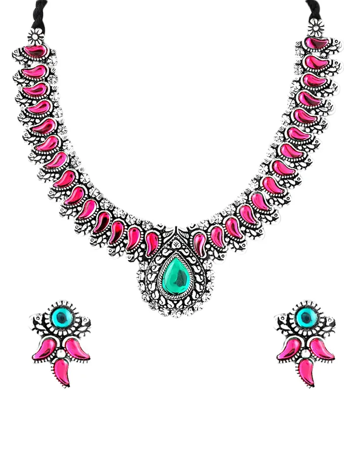 Yellow Chimes Earrings Yellow Chimes Oxidised Jewellery Set for Women Authentic Kolhapuri Work Handmade Silver Pink Kundan Choker Necklace Sets for Women and Girls Yellow Chimes Earrings Yellow Chimes Oxidised Jewellery Set for Women Authentic Kolhapuri Work Handmade Silver Pink Kundan Choker Necklace Sets for Women and Girls