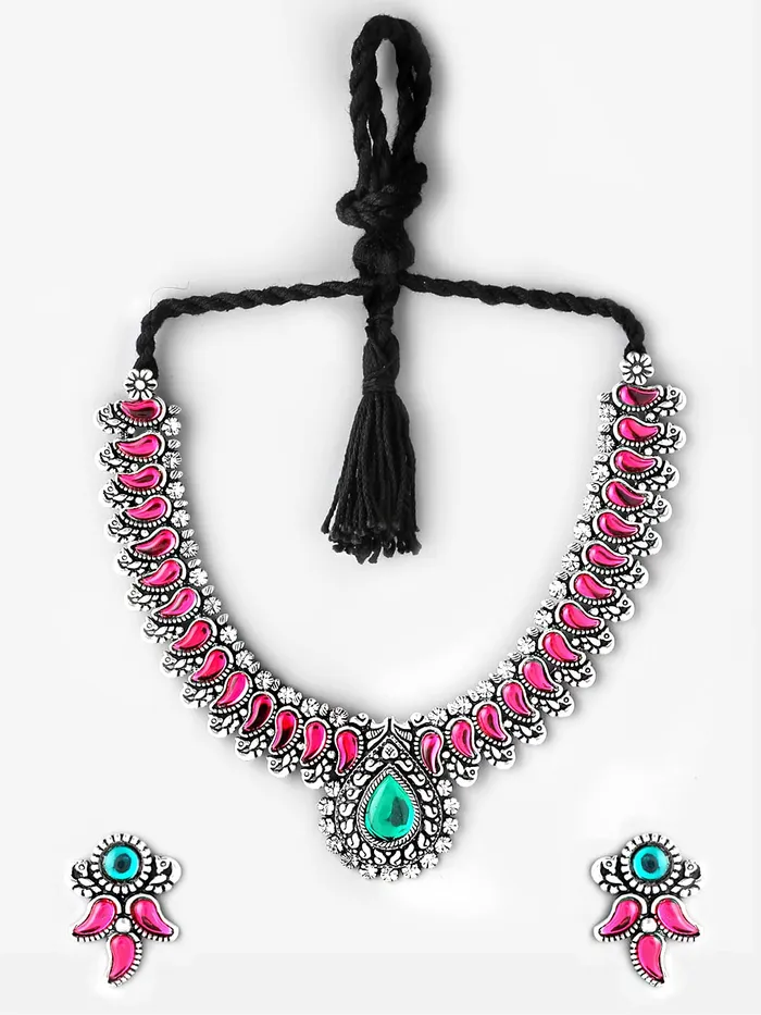 Yellow Chimes Earrings Yellow Chimes Oxidised Jewellery Set for Women Authentic Kolhapuri Work Handmade Silver Pink Kundan Choker Necklace Sets for Women and Girls