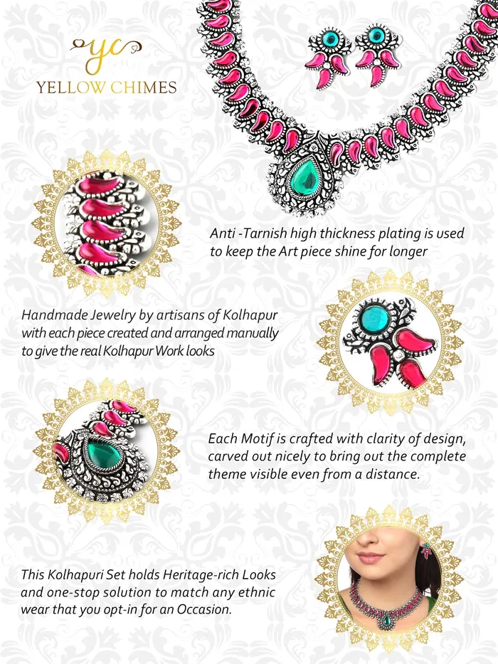 Yellow Chimes Earrings Yellow Chimes Oxidised Jewellery Set for Women Authentic Kolhapuri Work Handmade Silver Pink Kundan Choker Necklace Sets for Women and Girls