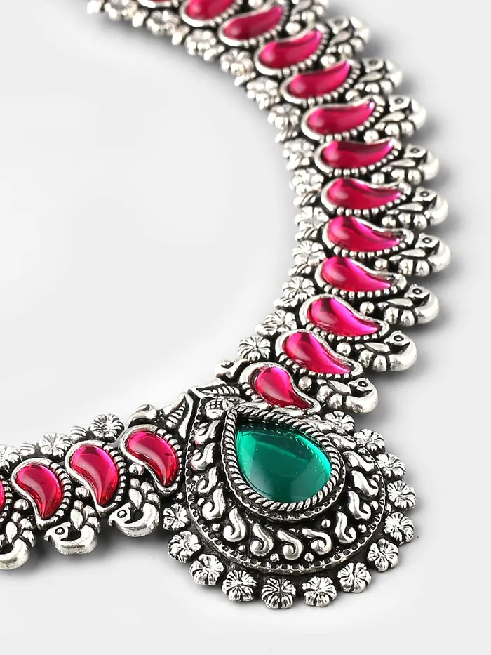Yellow Chimes Earrings Yellow Chimes Oxidised Jewellery Set for Women Authentic Kolhapuri Work Handmade Silver Pink Kundan Choker Necklace Sets for Women and Girls