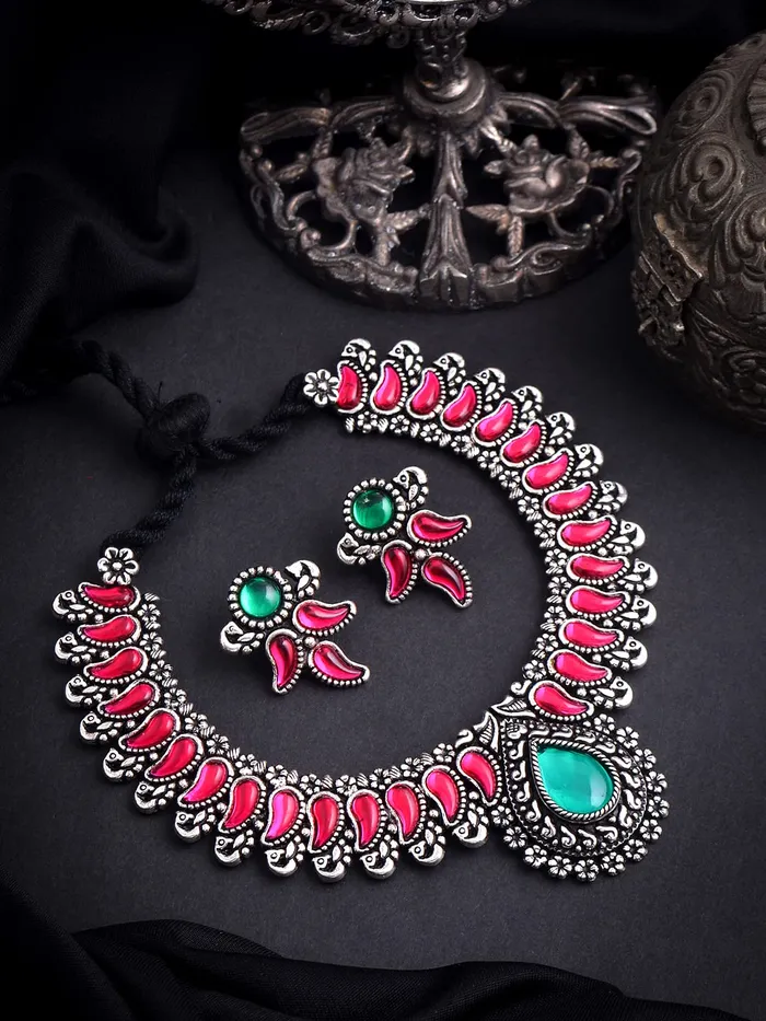 Yellow Chimes Earrings Yellow Chimes Oxidised Jewellery Set for Women Authentic Kolhapuri Work Handmade Silver Pink Kundan Choker Necklace Sets for Women and Girls