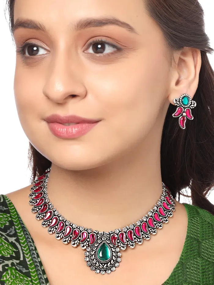 Yellow Chimes Earrings Yellow Chimes Oxidised Jewellery Set for Women Authentic Kolhapuri Work Handmade Silver Pink Kundan Choker Necklace Sets for Women and Girls