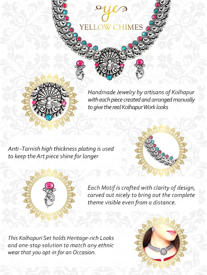 Yellow Chimes Earrings Yellow Chimes Oxidised Jewellery Set for Women Authentic Kolhapuri Worked Silver Oxidized Choker Necklace Set for Women and Girls