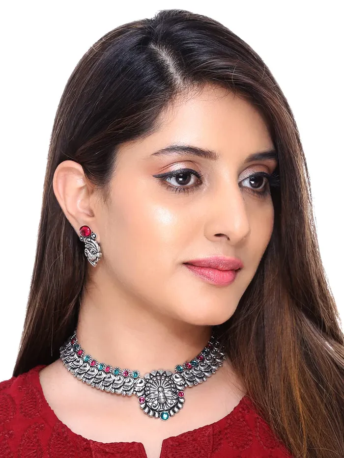 Yellow Chimes Earrings Yellow Chimes Oxidised Jewellery Set for Women Authentic Kolhapuri Worked Silver Oxidized Choker Necklace Set for Women and Girls