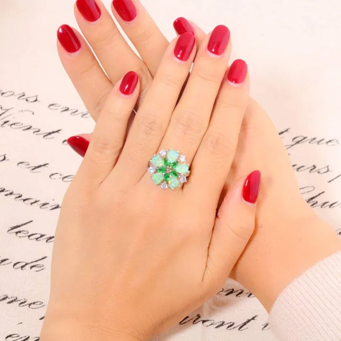 Yellow Chimes Elegant Floral Design Green Fire Opal Emerald Stone Cubic Zircon Rhodium Plated Ring for Women Girls Yellow Chimes Necklaces