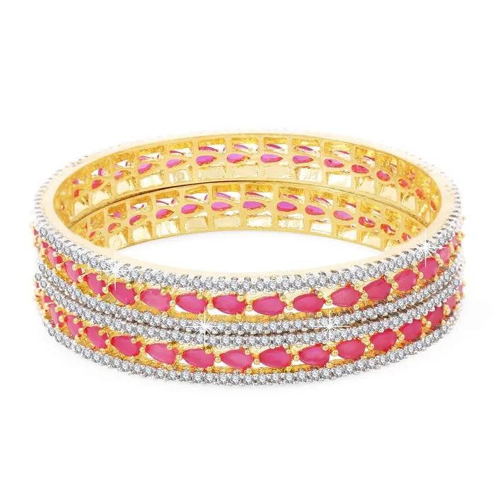 Yellow Chimes Elegant Pink ADAmerican Diamond Studded 18k Gold Plated Designer Handcrafted 2 PCs Bangles Set for Women Girls 24 Yellow Chimes Bracelets