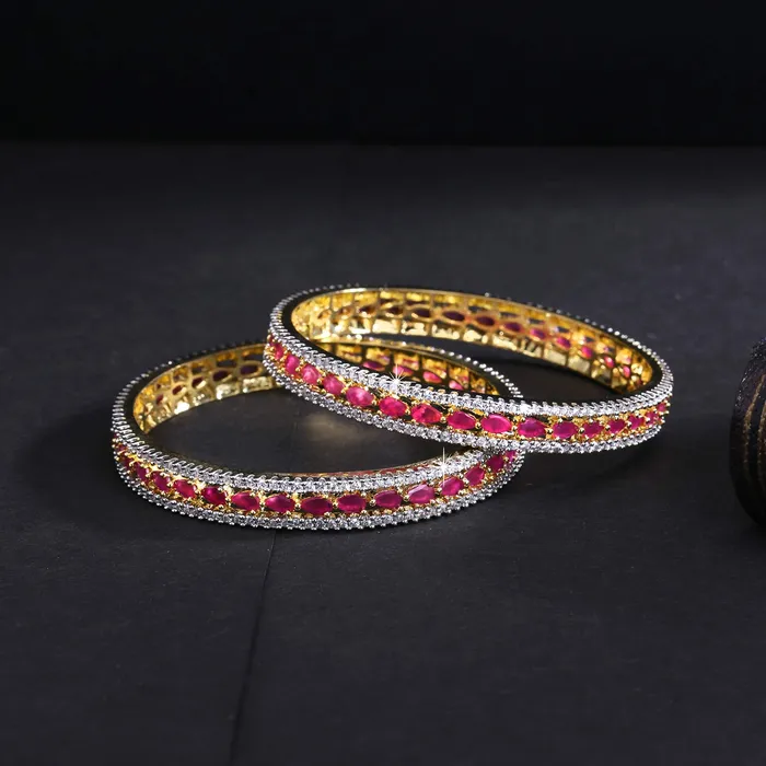 Yellow Chimes Elegant Pink ADAmerican Diamond Studded 18k Gold Plated Designer Handcrafted 2 PCs Bangles Set for Women Girls 24 Yellow Chimes Bracelets