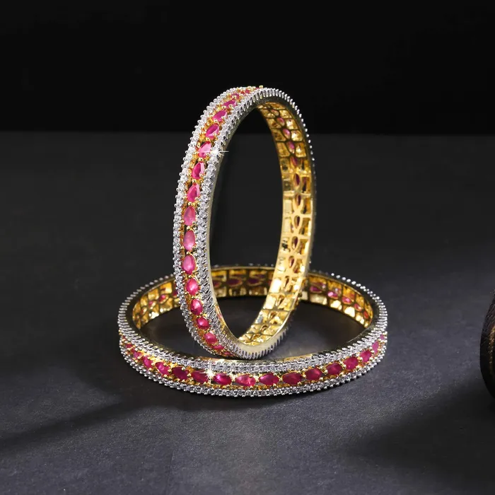 Yellow Chimes Elegant Pink ADAmerican Diamond Studded 18k Gold Plated Designer Handcrafted 2 PCs Bangles Set for Women Girls 24 Yellow Chimes Bracelets