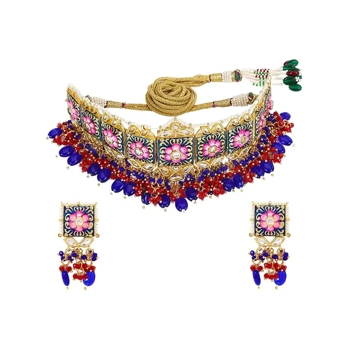 Yellow Chimes Ethnic Gold Plated Kundan Beads Flower Design Jewellery Set Pink Blue Meenakari Choker Necklace Set for Women and Girls Multicolour Medium YCTJNS22SQRFLWMC Yellow Chimes Earrings Yellow Chimes Ethnic Gold Plated Kundan Beads Flower Design Jewellery Set Pink Blue Meenakari Choker Necklace Set for Women and Girls Multicolour Medium YCTJNS22SQRFLWMC Yellow Chimes Earrings