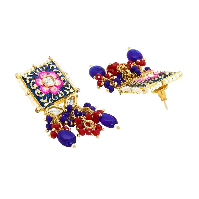 Yellow Chimes Ethnic Gold Plated Kundan Beads Flower Design Jewellery Set Pink Blue Meenakari Choker Necklace Set for Women and Girls Multicolour Medium YCTJNS22SQRFLWMC Yellow Chimes Earrings