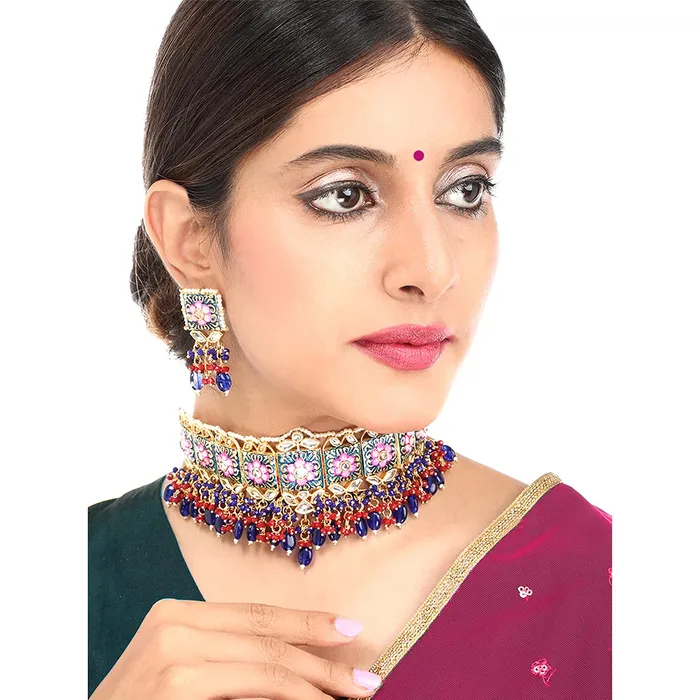 Yellow Chimes Ethnic Gold Plated Kundan Beads Flower Design Jewellery Set Pink Blue Meenakari Choker Necklace Set for Women and Girls Multicolour Medium YCTJNS22SQRFLWMC Yellow Chimes Earrings