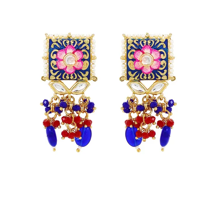 Yellow Chimes Ethnic Gold Plated Kundan Beads Flower Design Jewellery Set Pink Blue Meenakari Choker Necklace Set for Women and Girls Multicolour Medium YCTJNS22SQRFLWMC Yellow Chimes Earrings
