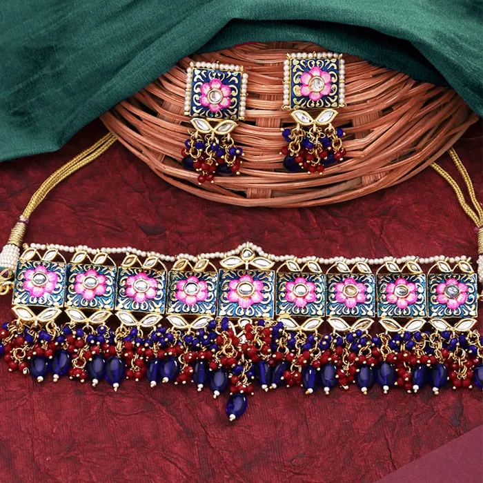 Yellow Chimes Ethnic Gold Plated Kundan Beads Flower Design Jewellery Set Pink Blue Meenakari Choker Necklace Set for Women and Girls Multicolour Medium YCTJNS22SQRFLWMC Yellow Chimes Earrings