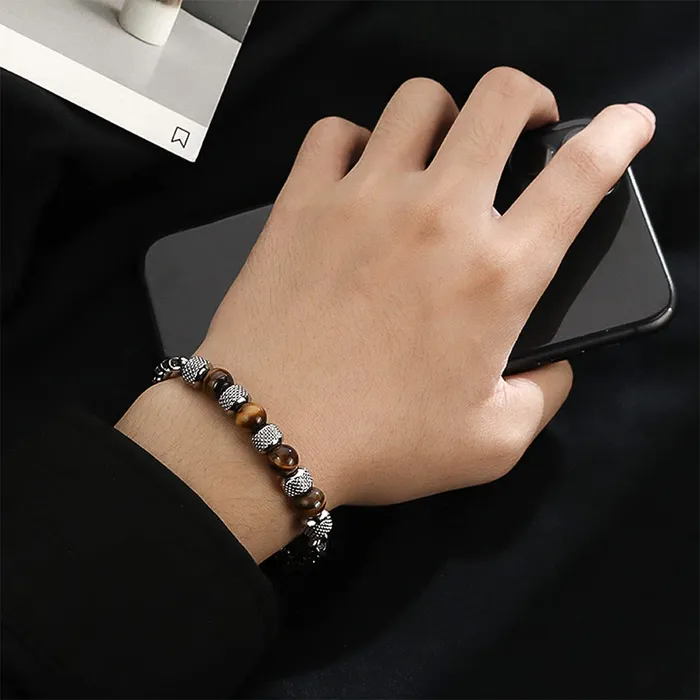 Yellow Chimes Exclusive Black Brown Tiger Eye Beads Stretchable Hand Bracelet for Men and Boys Yellow Chimes Earrings