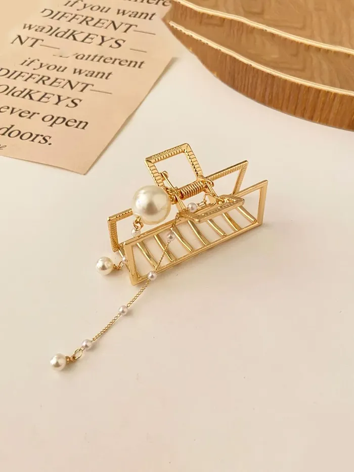 Yellow Chimes Hair Clip For Women Gold Toned Cluthers Long Hair Claw Clip With Hanging Pearl Beads Hair Clutch For Women and Girls Yellow Chimes Rings