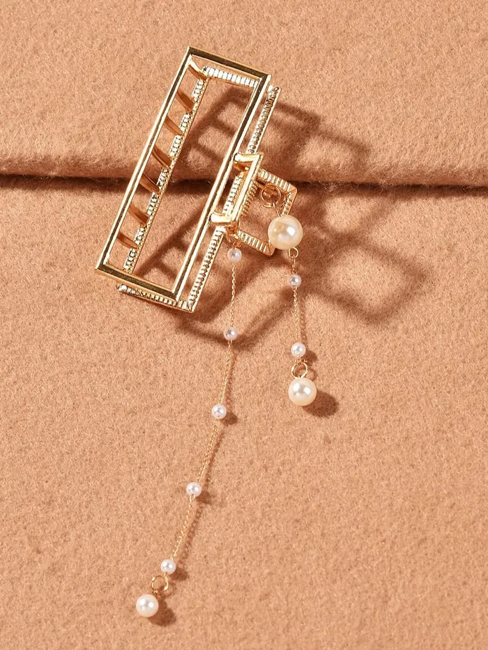 Yellow Chimes Hair Clip For Women Gold Toned Cluthers Long Hair Claw Clip With Hanging Pearl Beads Hair Clutch For Women and Girls Yellow Chimes Rings