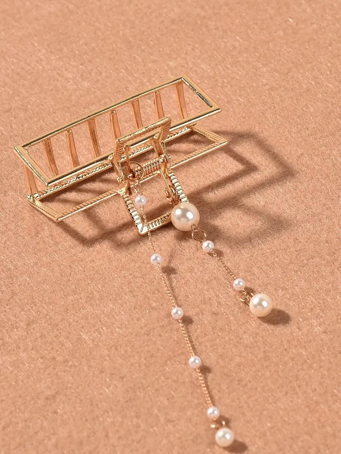 Yellow Chimes Hair Clip For Women Gold Toned Cluthers Long Hair Claw Clip With Hanging Pearl Beads Hair Clutch For Women and Girls Yellow Chimes Rings