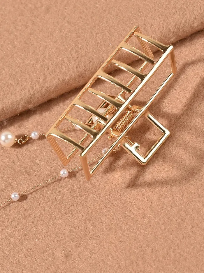 Yellow Chimes Hair Clip For Women Gold Toned Cluthers Long Hair Claw Clip With Hanging Pearl Beads Hair Clutch For Women and Girls Yellow Chimes Rings
