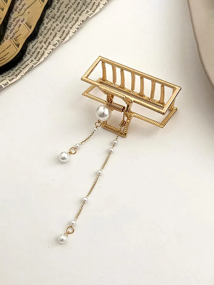 Yellow Chimes Hair Clip For Women Gold Toned Cluthers Long Hair Claw Clip With Hanging Pearl Beads Hair Clutch For Women and Girls Yellow Chimes Rings