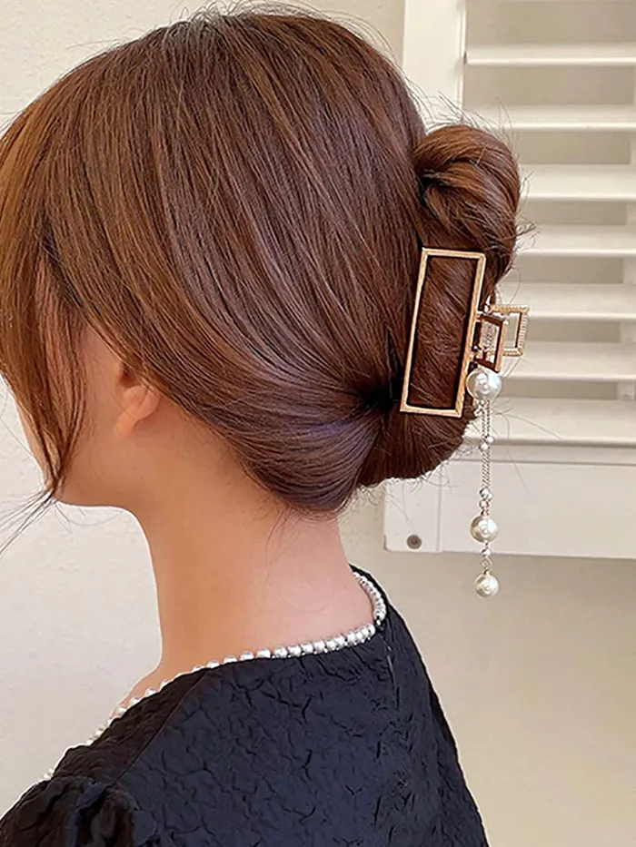 Yellow Chimes Hair Clip For Women Gold Toned Cluthers Long Hair Claw Clip With Hanging Pearl Beads Hair Clutch For Women and Girls Yellow Chimes Rings