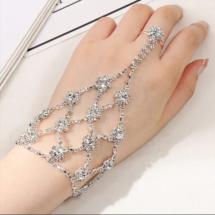 Yellow Chimes Hand Chain For Women White Crystal Studded Silver Hand Chain Link Ring For Women and Girls Yellow Chimes Necklaces