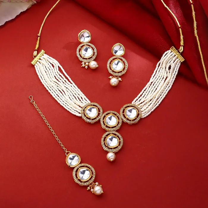 Yellow Chimes Jewellery Set for Women and Girls Beads Necklace Set for Women Gold Toned Kundan Studded Beads Beaded Necklace Set Birthday Gift for girls and women Anniversary Gift for Wife Yellow Chimes Earrings