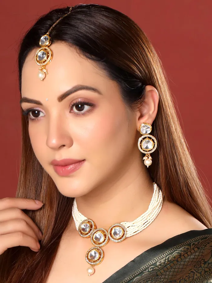Yellow Chimes Jewellery Set for Women and Girls Beads Necklace Set for Women Gold Toned Kundan Studded Beads Beaded Necklace Set Birthday Gift for girls and women Anniversary Gift for Wife Yellow Chimes Earrings