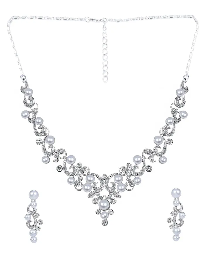 Yellow Chimes Jewellery Set for Women and Girls Fashion White Crystal Jewellery Set for Women Silver Toned Pearl Choker Necklace Set Birthday Gift for Girls Women Anniversary Gift for Wife Yellow Chimes Earrings