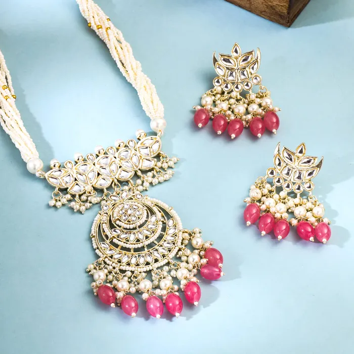 Yellow Chimes Jewellery Set for Women and Girls Kundan Necklace Set Gold Plated Kundan Studded White Beads Beaded Necklace Set Birthday Gift for girls and women Anniversary Gift for Wife Yellow Chimes Earrings