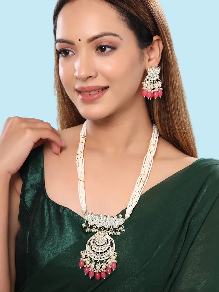 Yellow Chimes Jewellery Set for Women and Girls Kundan Necklace Set Gold Plated Kundan Studded White Beads Beaded Necklace Set Birthday Gift for girls and women Anniversary Gift for Wife Yellow Chimes Earrings