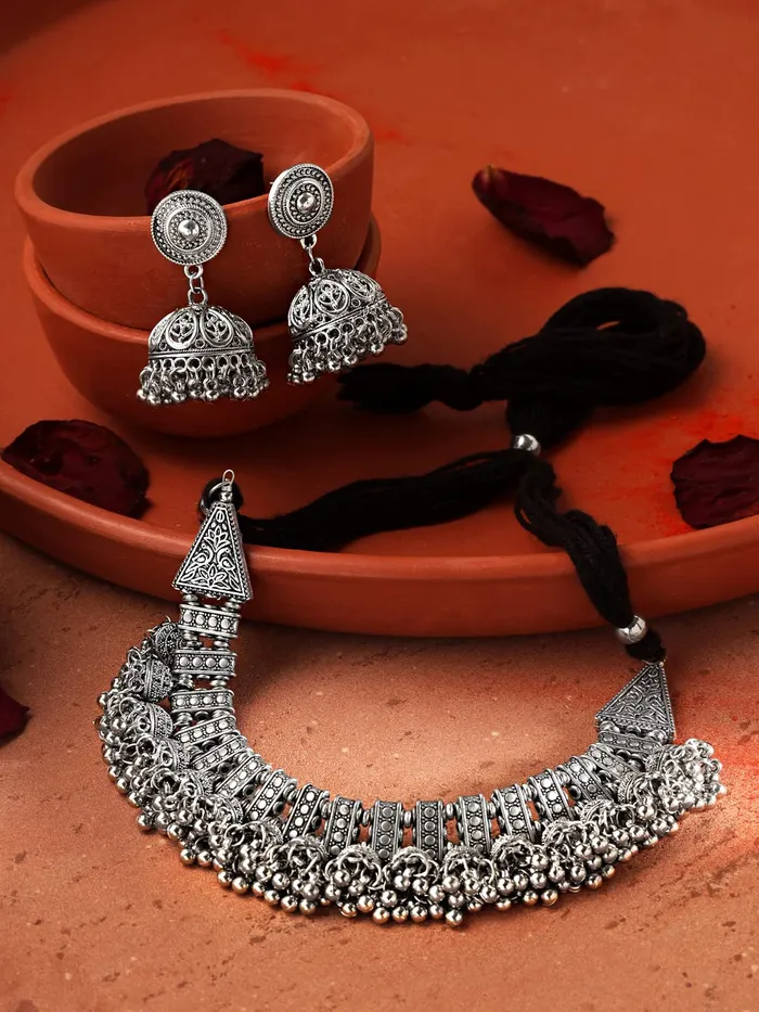 Yellow Chimes Jewellery Set For Women Silver Oxidised Adjustable Vintage Necklace Set For Women and Girls Yellow Chimes Rings