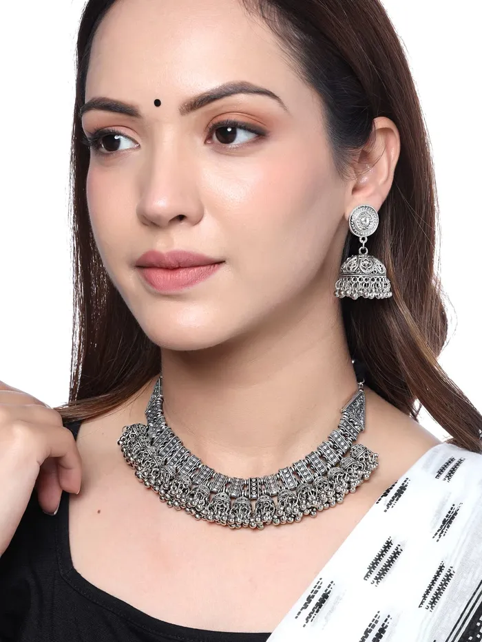 Yellow Chimes Jewellery Set For Women Silver Oxidised Adjustable Vintage Necklace Set For Women and Girls Yellow Chimes Rings