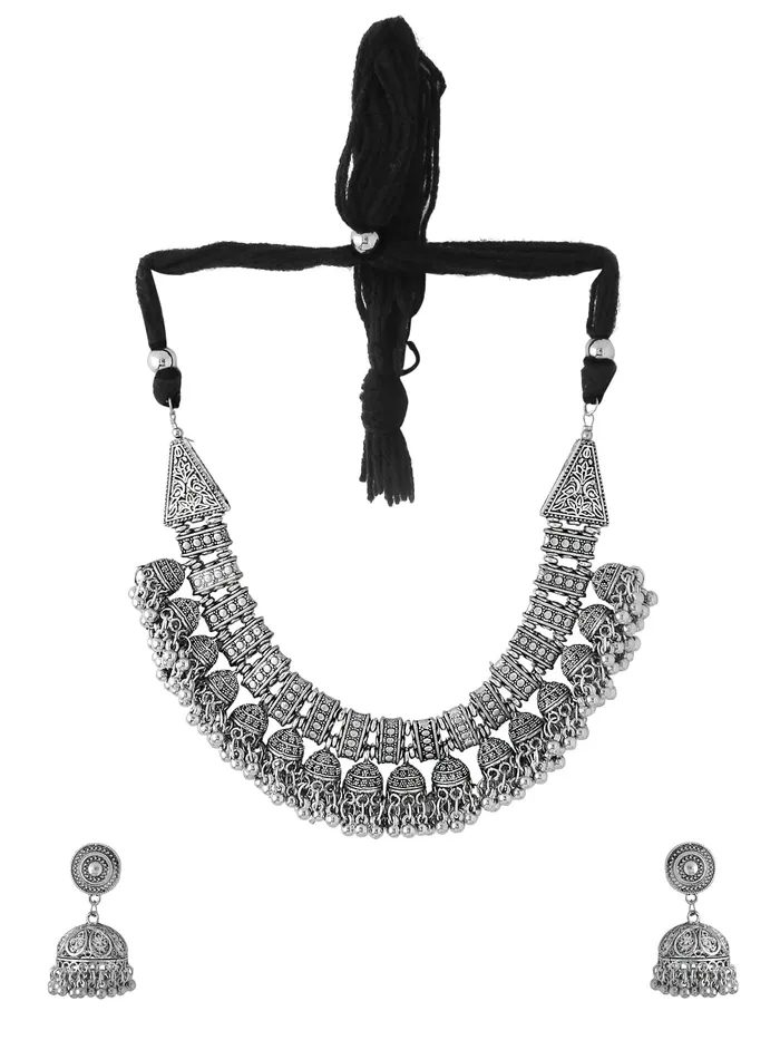 Yellow Chimes Jewellery Set For Women Silver Oxidised Adjustable Vintage Necklace Set For Women and Girls Yellow Chimes Rings
