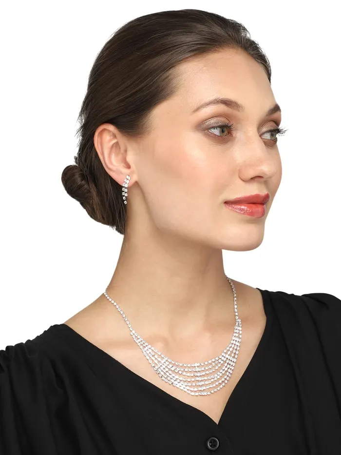 Yellow Chimes Jewellery Set for Women with White Crystal Studded Classic Design Silver Plated White crystal Necklace Set for Women and Girls Yellow Chimes Necklaces