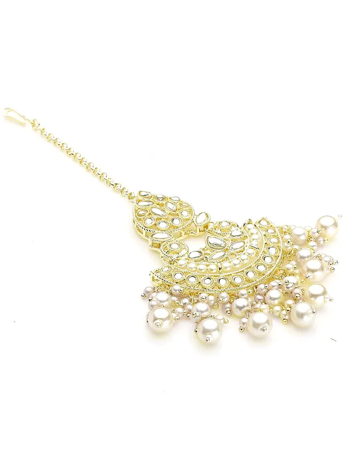Yellow Chimes Maang Tikka for Women Gold Plated Kundan Studded Beads Drop Maangtikka for Women and Girls Style4 Yellow Chimes Earrings