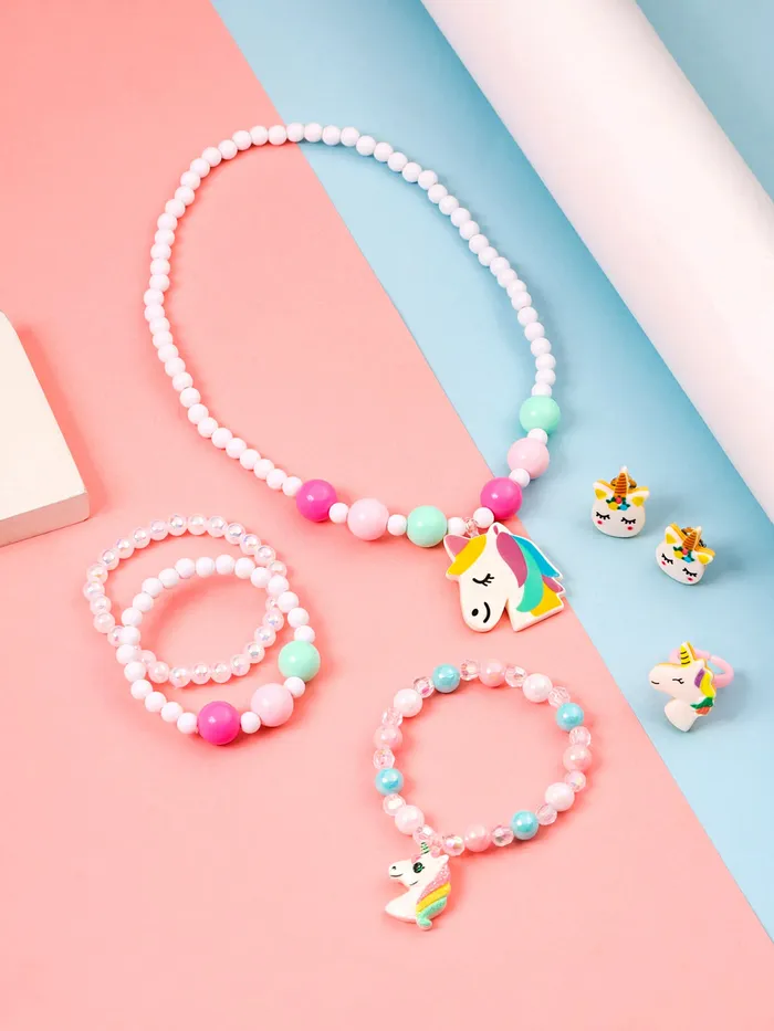 Yellow Chimes Melbees by Yellow Chimes Jewellery Sets for Girls Kids Multicolor Beaded Necklace Set for Girls Unicorn Shaped Charm Jewelry Set for Kids Birthday Gift for Girls Kids Earrings