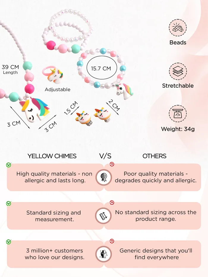 Yellow Chimes Melbees by Yellow Chimes Jewellery Sets for Girls Kids Multicolor Beaded Necklace Set for Girls Unicorn Shaped Charm Jewelry Set for Kids Birthday Gift for Girls Kids Earrings
