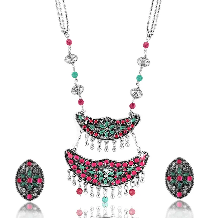 Yellow Chimes Necklaces Afghani Tribal Long Chain Necklace Set Silver Plated with Adjustable Width Elegant Pink 73cm