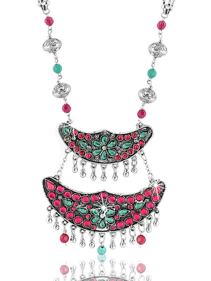 Yellow Chimes Necklaces Afghani Tribal Long Chain Necklace Set Silver Plated with Adjustable Width Elegant Pink 73cm