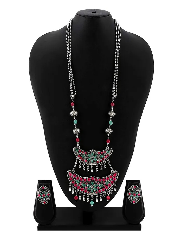 Yellow Chimes Necklaces Afghani Tribal Long Chain Necklace Set Silver Plated with Adjustable Width Elegant Pink 73cm