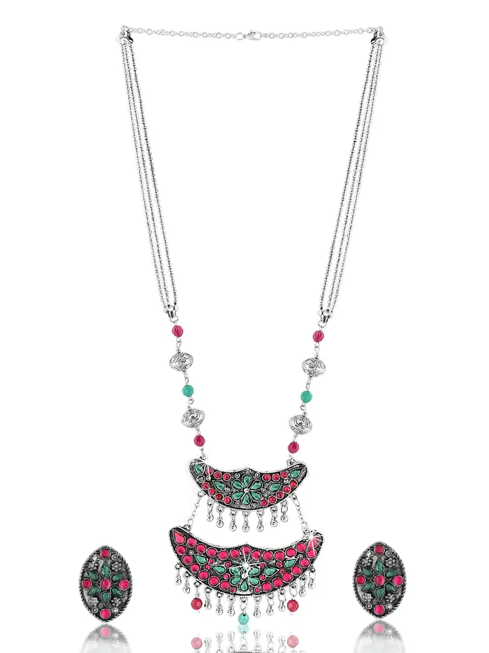 Yellow Chimes Necklaces Afghani Tribal Long Chain Necklace Set Silver Plated with Adjustable Width Elegant Pink 73cm