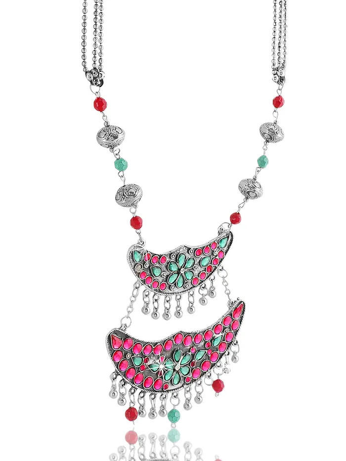 Yellow Chimes Necklaces Afghani Tribal Long Chain Necklace Set Silver Plated with Adjustable Width Elegant Pink 73cm